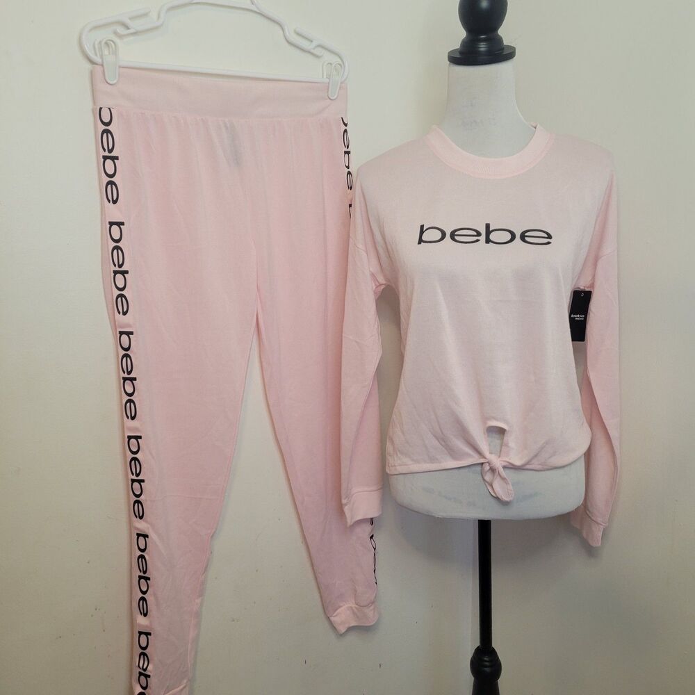 Bebe 2 Pc Lounge Set Women Large Pink Logo Top Jogger Pants NWT